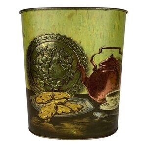 Weibro Metal Wastebasket Kitchen Scene Tea Kettle Cookies Tray Embossed Oval Vtg